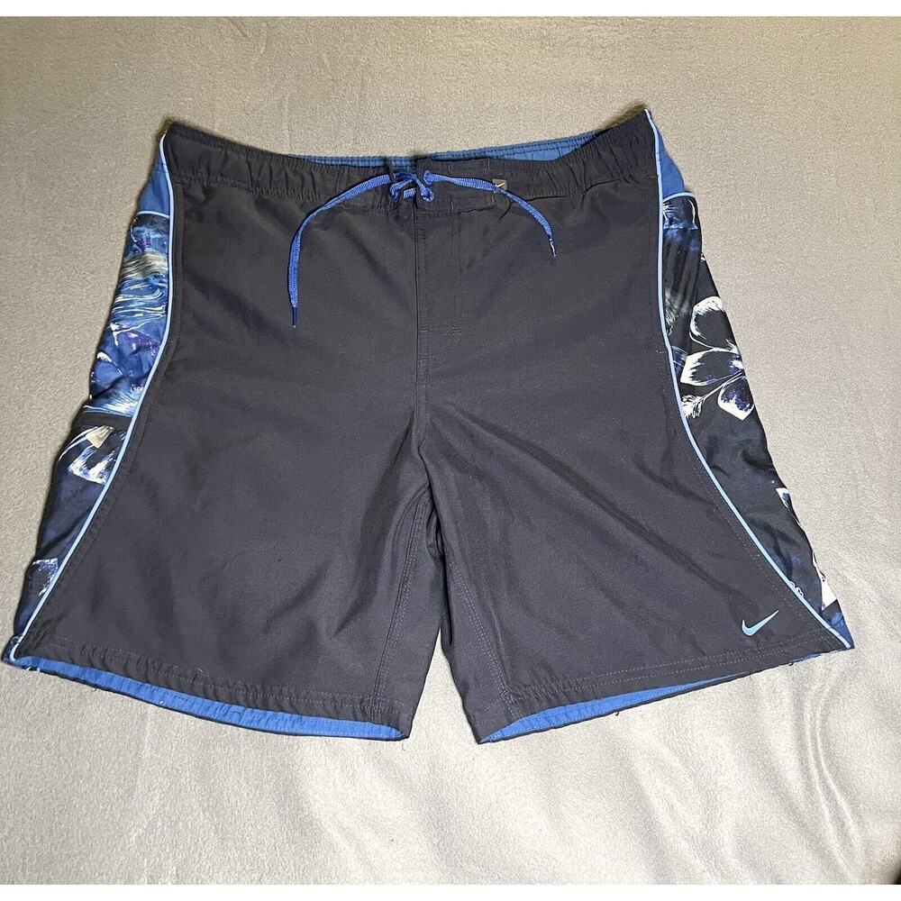 Nike Swim Shorts Mens Medium Blue Black Regular-Fit Flat Front 100% Polyester